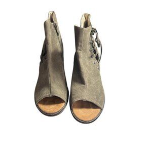 Maurices Taupe Suede Open-Toe Ankle Boots – Size 7.5M, Lace-Up & Zipper, 3" Heel